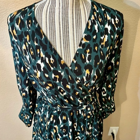 Express Dress Small Olive Green Animal Print Black Mustard Cream Mini Faux Wrap - Picture 2 of 15